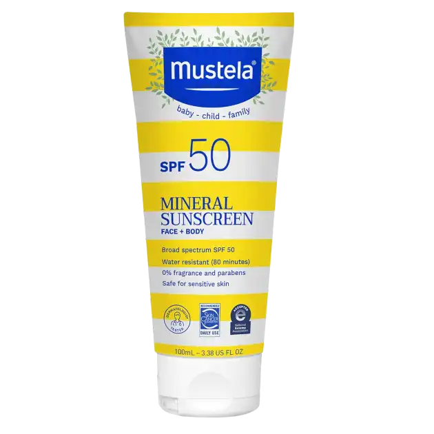 Mustela Mineral Baby SPF 50+ fragrance-free sunscreen with Yuka score 93/100